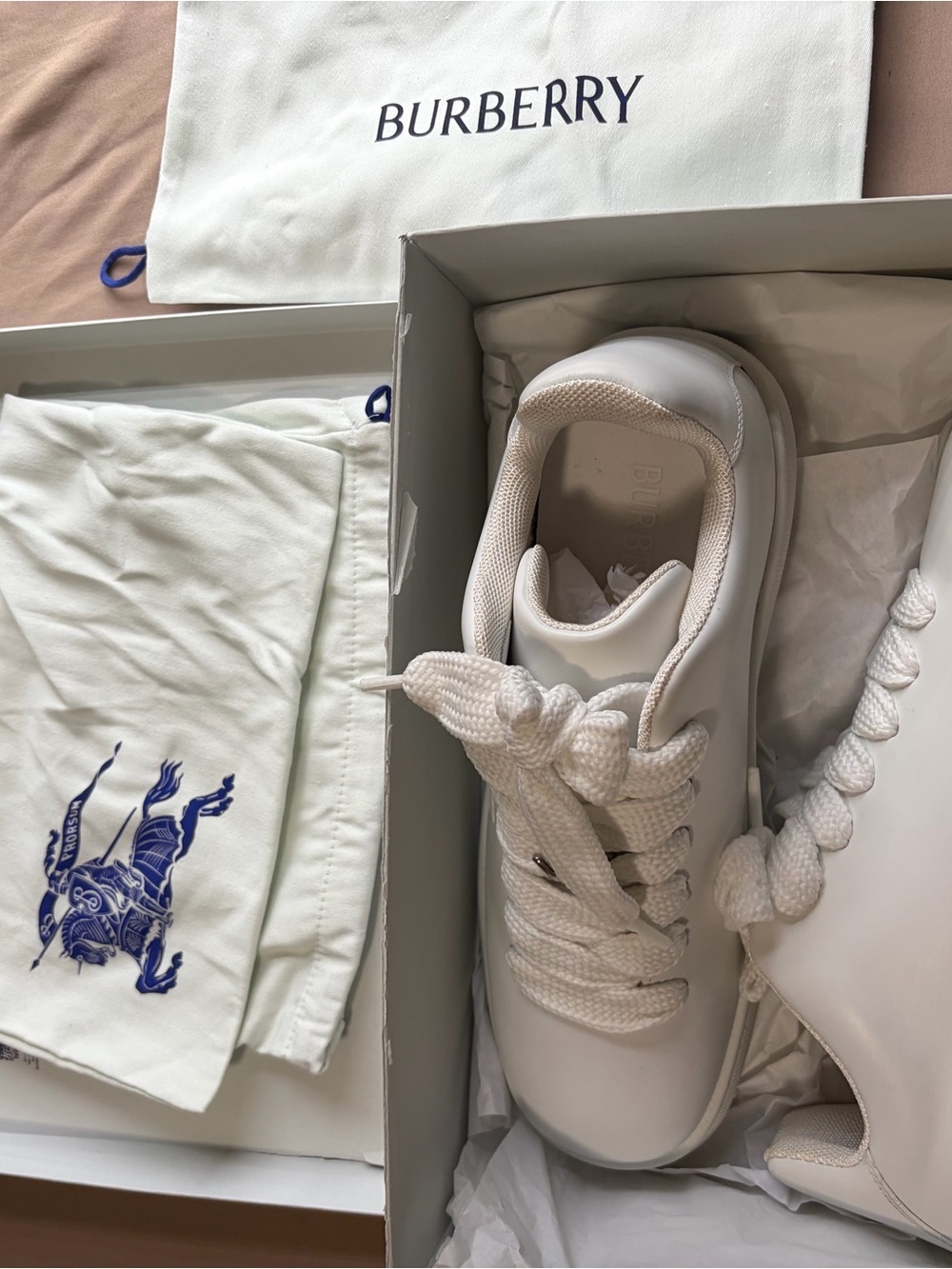 Burberry Cream-Blue Leather Low-Top Sneakers